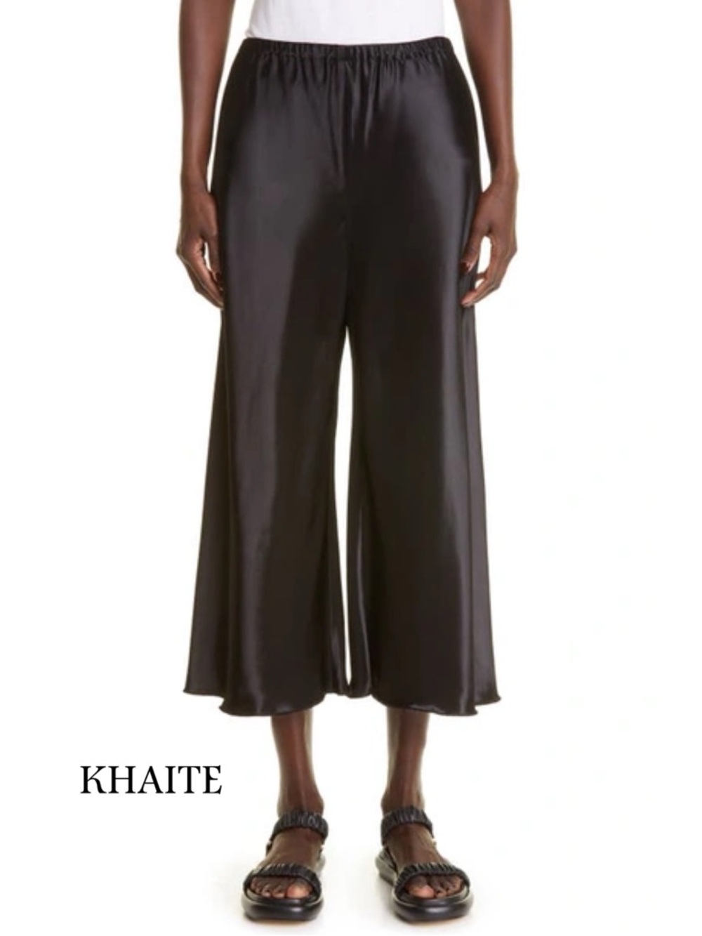 KHAITE Lindy Satin Wide Leg Crop Pants Black L Hammered Luxury Minimalist